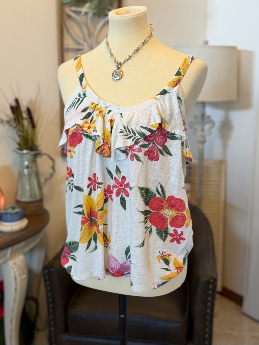 Old Navy White Floral Ruffle Camisole with Pink & Yellow Blooms